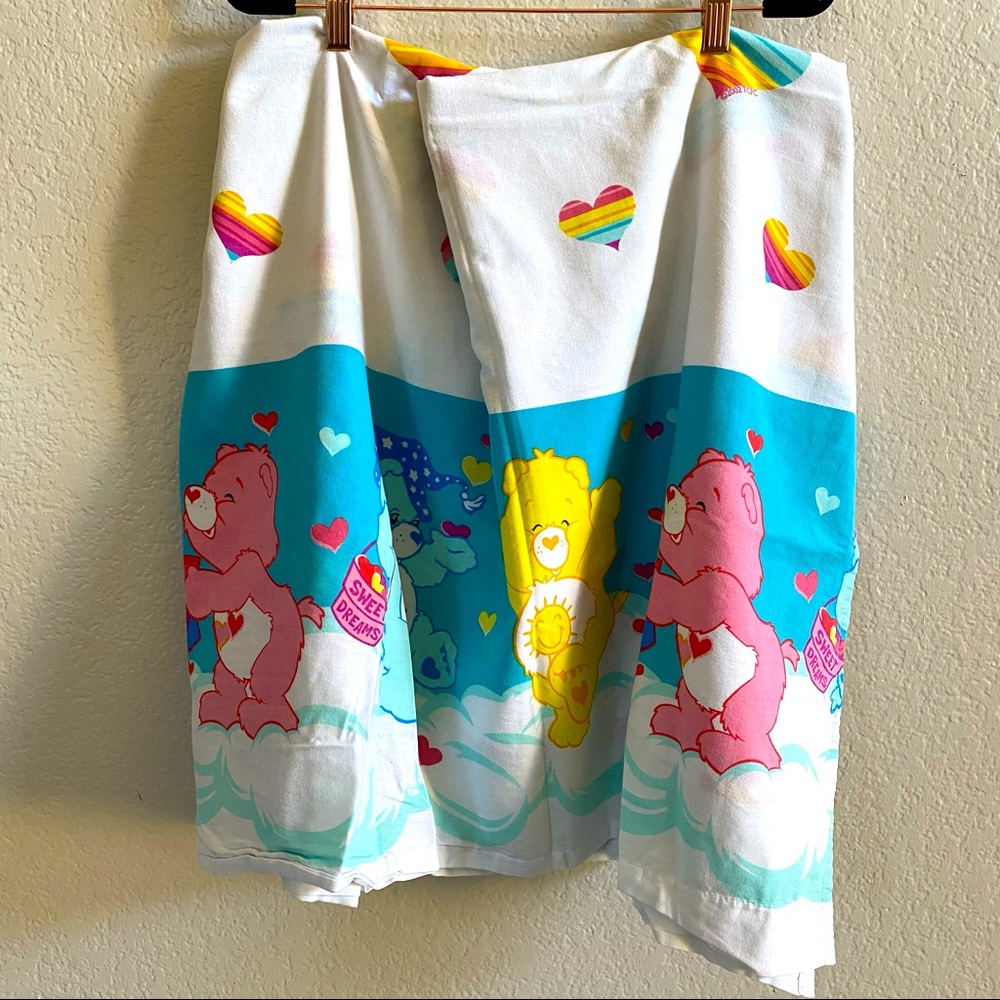 Vintage Care Bears Flat Twin Bed Sheet and Pillowcase Hearts and Rainbows